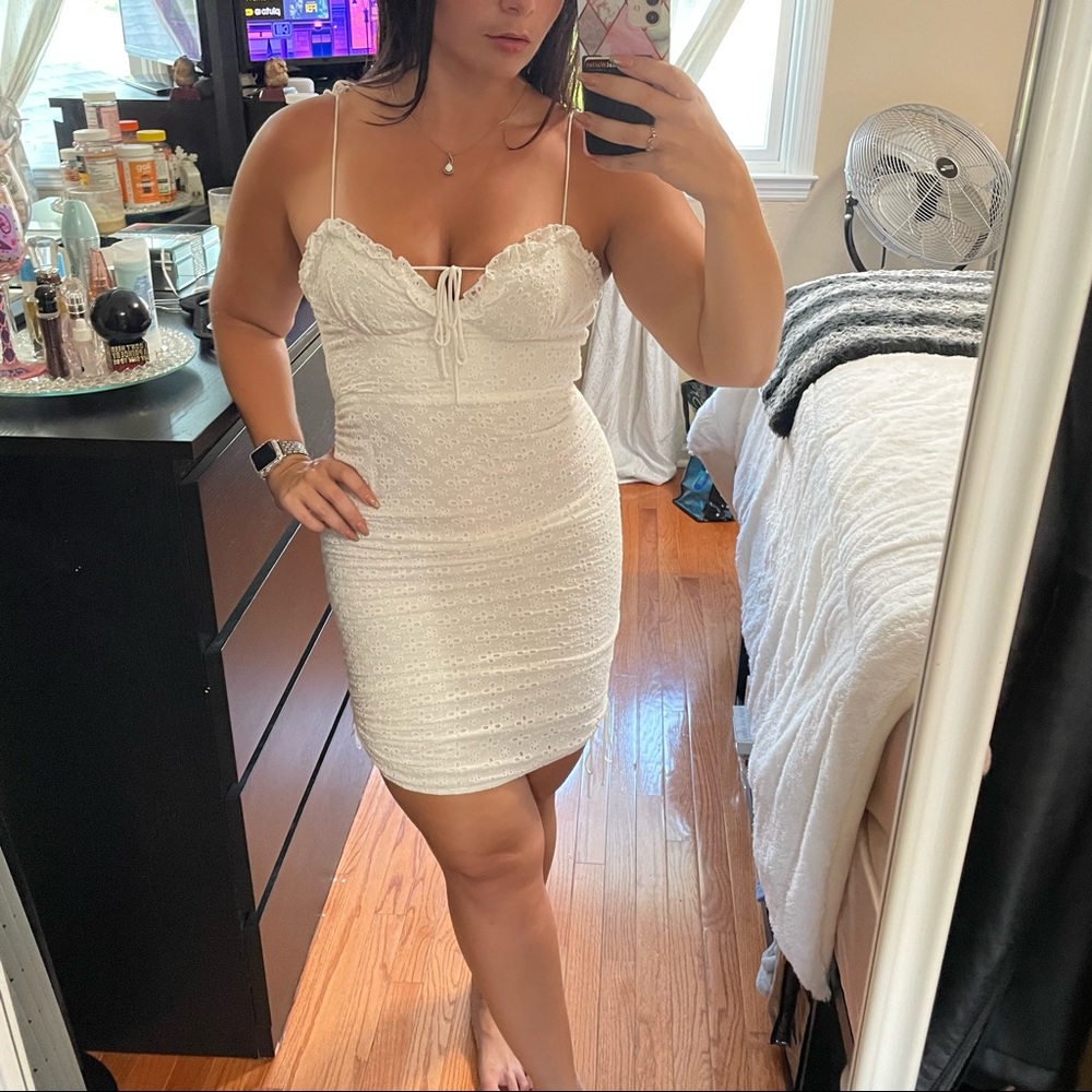 Princess Polly Cream Eyelet Pattern Tie Dress